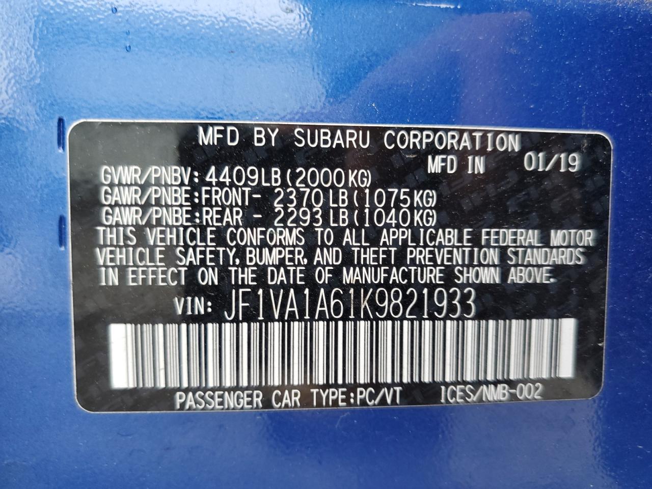 2019 Subaru Wrx VIN: JF1VA1A61K9821933 Lot: 60065365