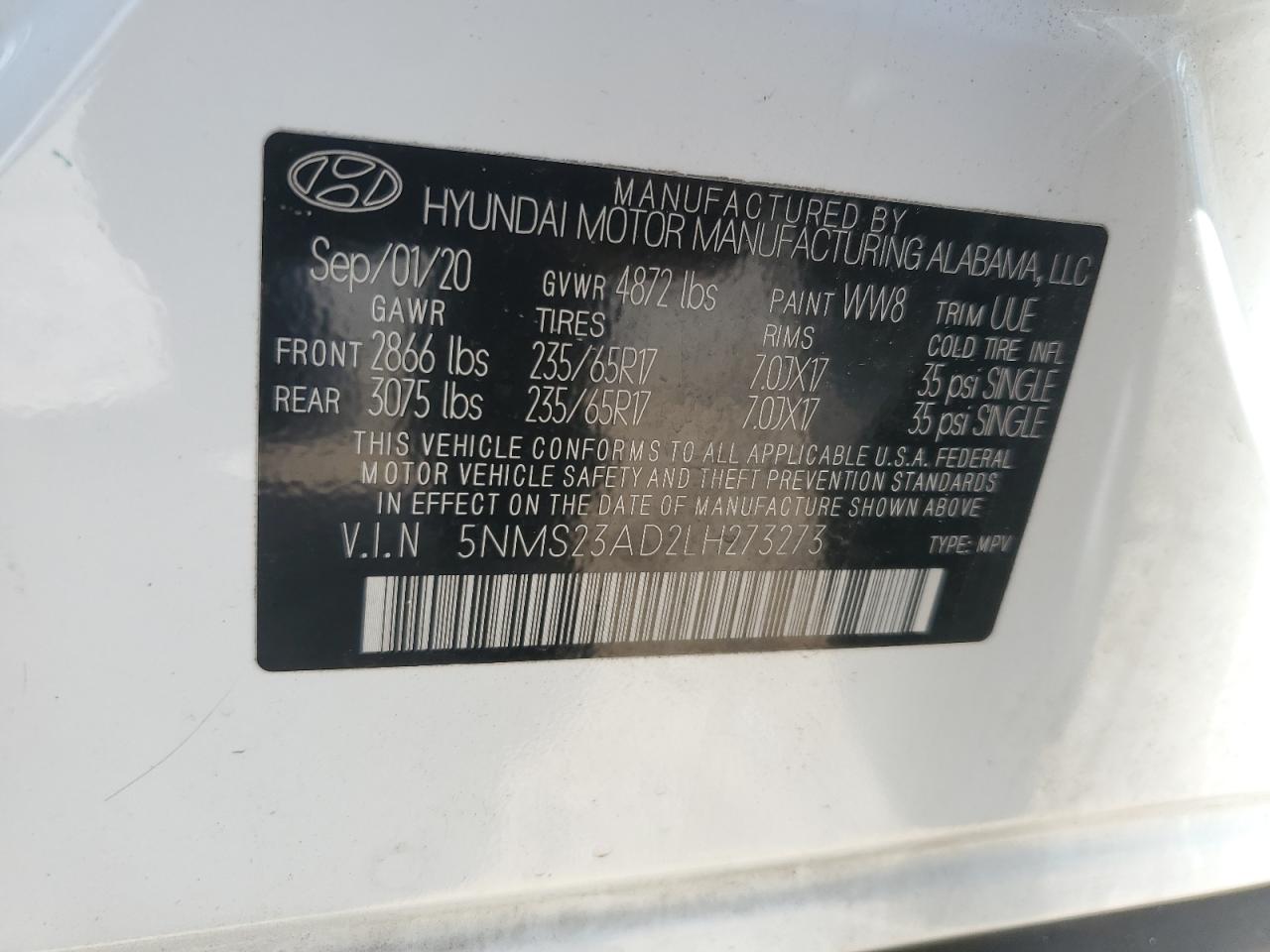 2020 Hyundai Santa Fe Se VIN: 5NMS23AD2LH273273 Lot: 62126565