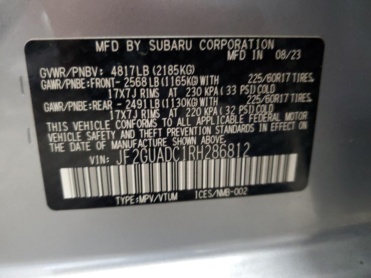 2024 Subaru Crosstrek Premium VIN: JF2GUADC1RH286812 Lot: 62236365