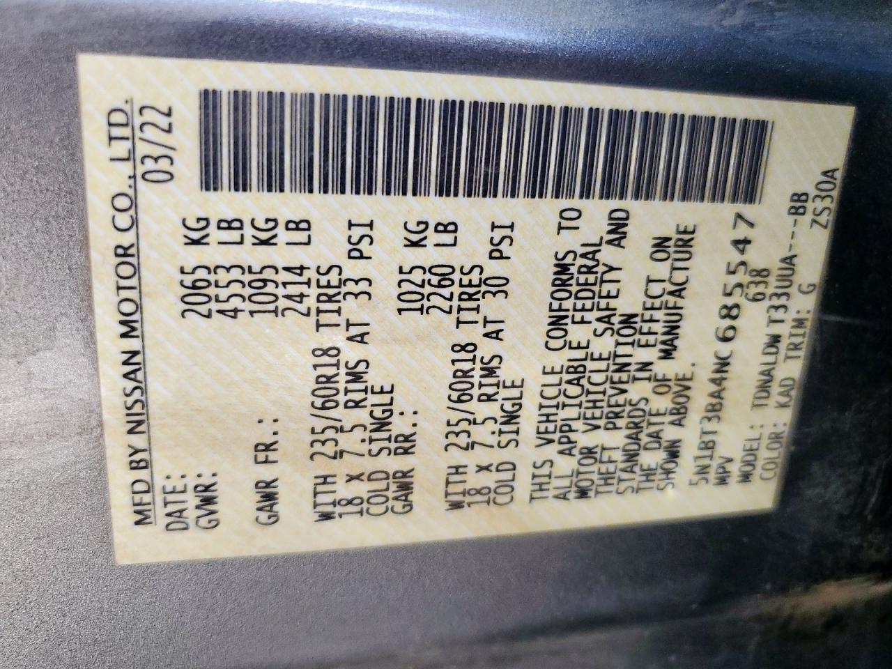 2022 Nissan Rogue Sv VIN: 5N1BT3BA4NC685547 Lot: 62022985