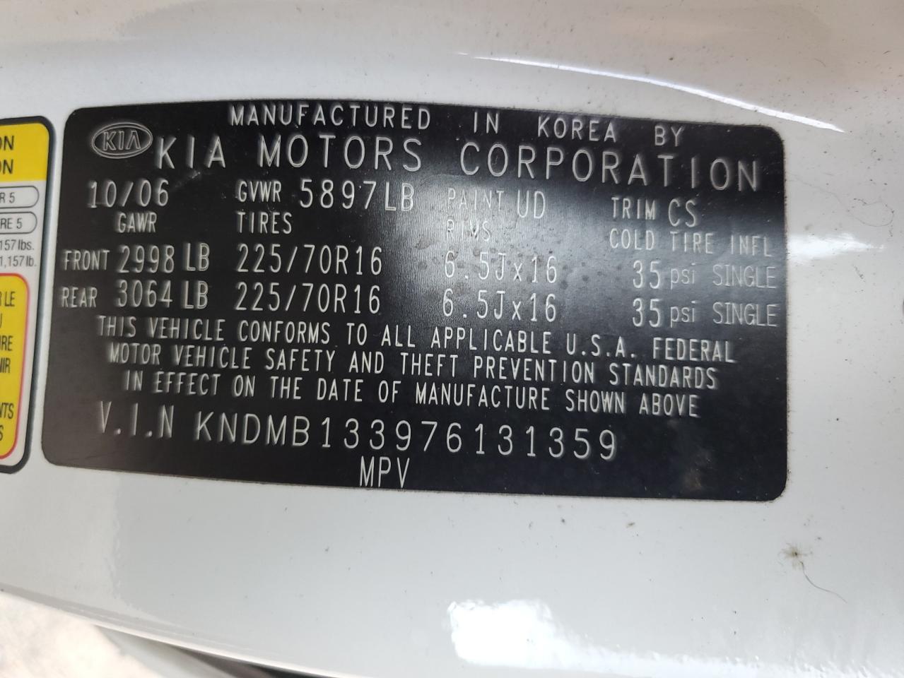 2007 Kia Sedona Ex VIN: KNDMB133976131359 Lot: 62635075