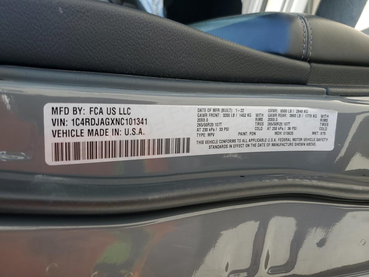 2022 Dodge Durango Sxt VIN: 1C4RDJAGXNC101341 Lot: 59608105