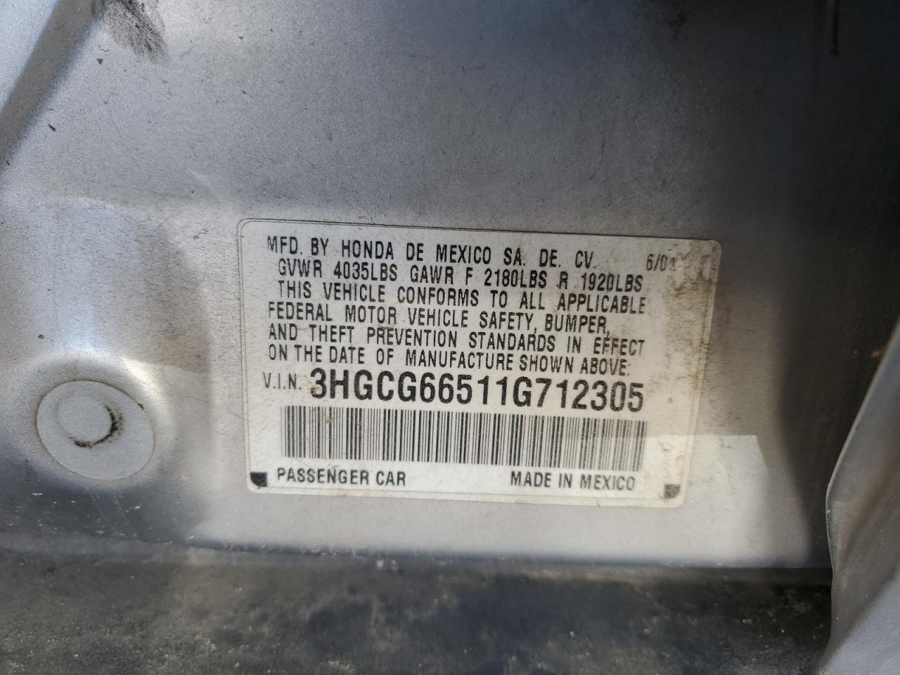 2001 Honda Accord Lx VIN: 3HGCG66511G712305 Lot: 60760455