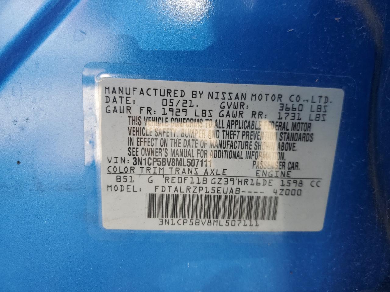 2021 Nissan Kicks S VIN: 3N1CP5BV8ML507111 Lot: 62221615