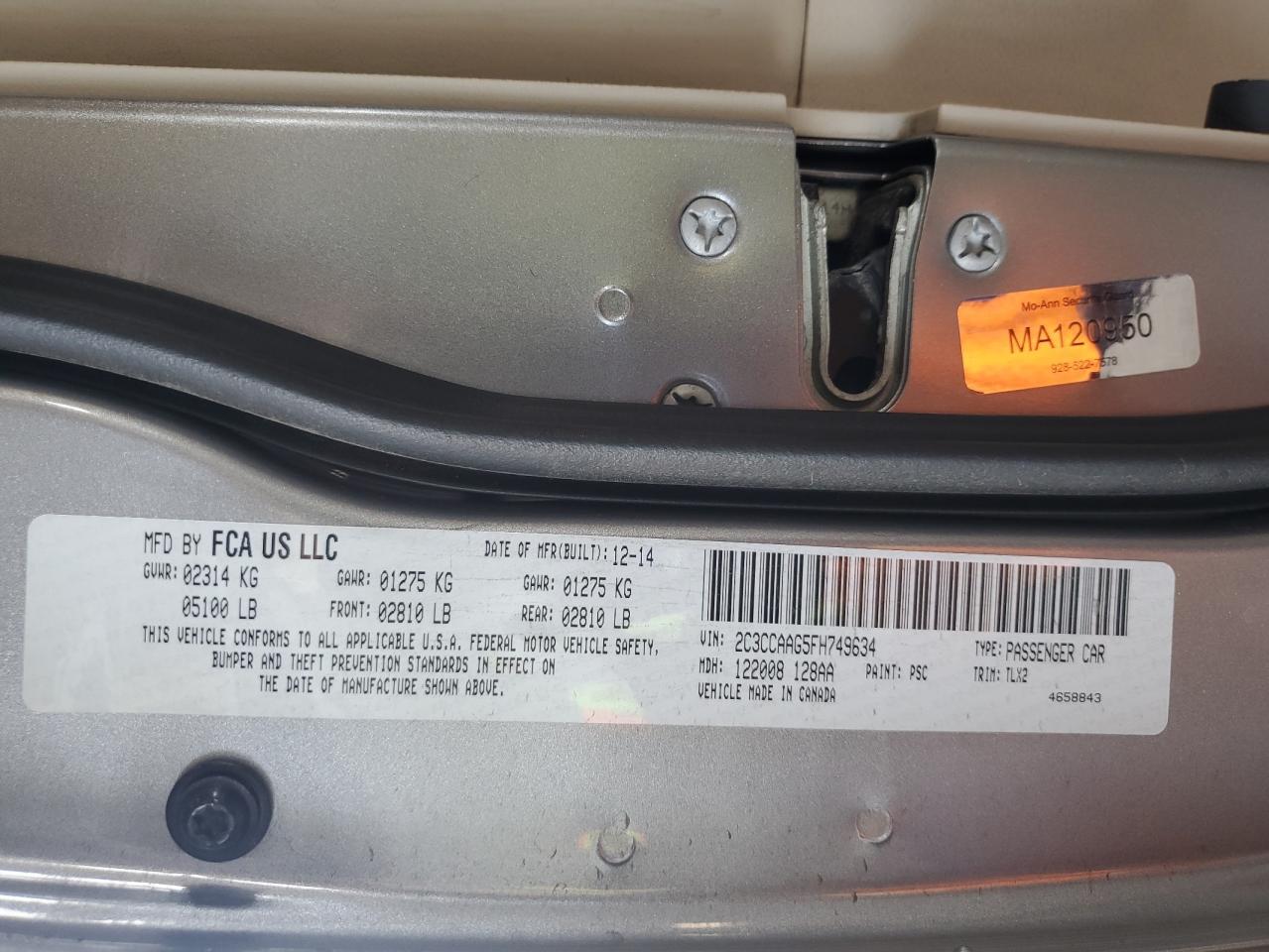 2015 Chrysler 300 Limited VIN: 2C3CCAAG5FH749634 Lot: 60632595