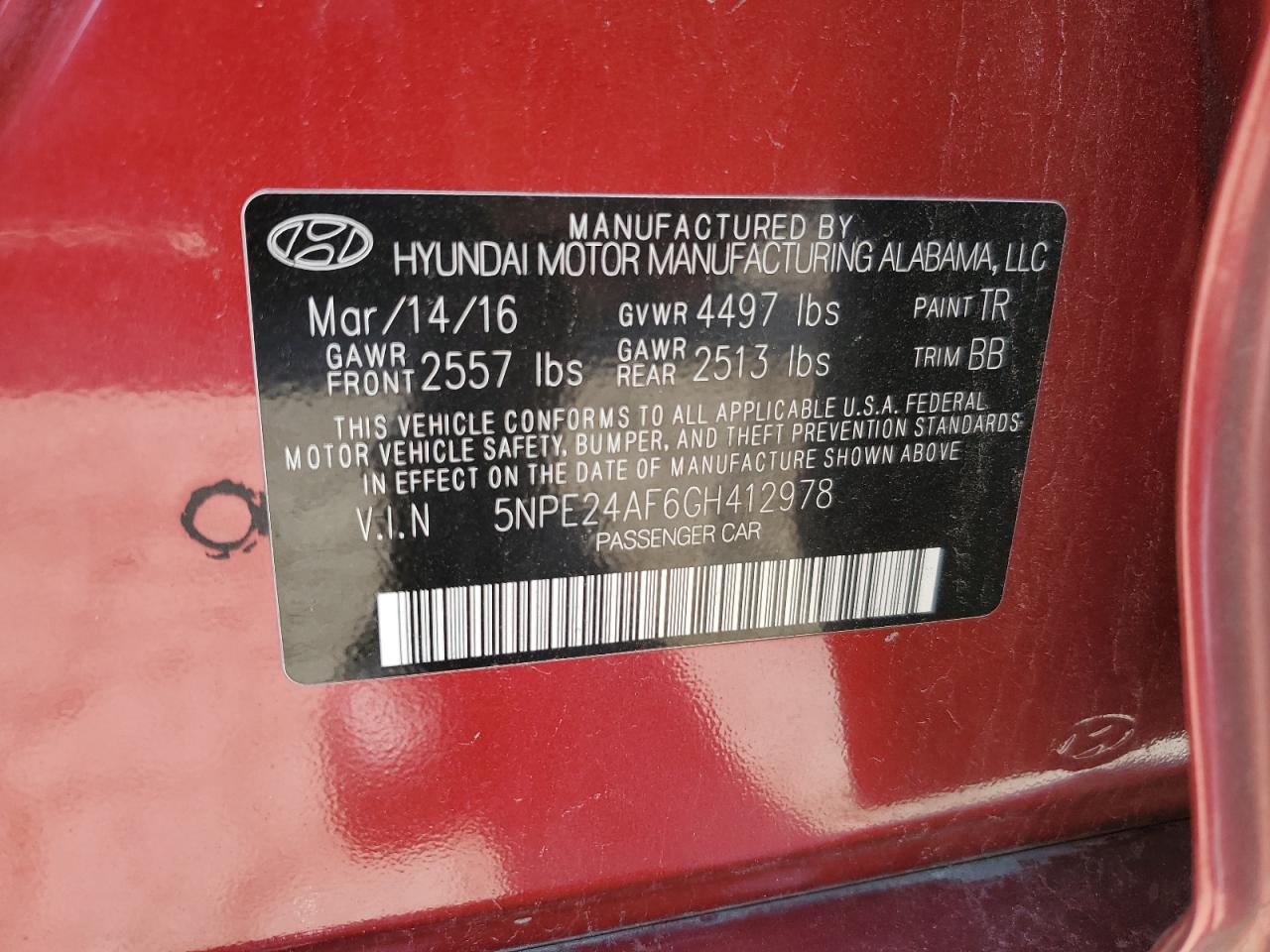 HYUNDAI SONATA 2016 VIN 5NPE24AF6GH412978 photo 12