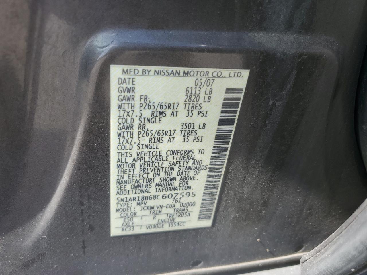 2008 Nissan Pathfinder S VIN: 5N1AR18B68C607595 Lot: 61287445
