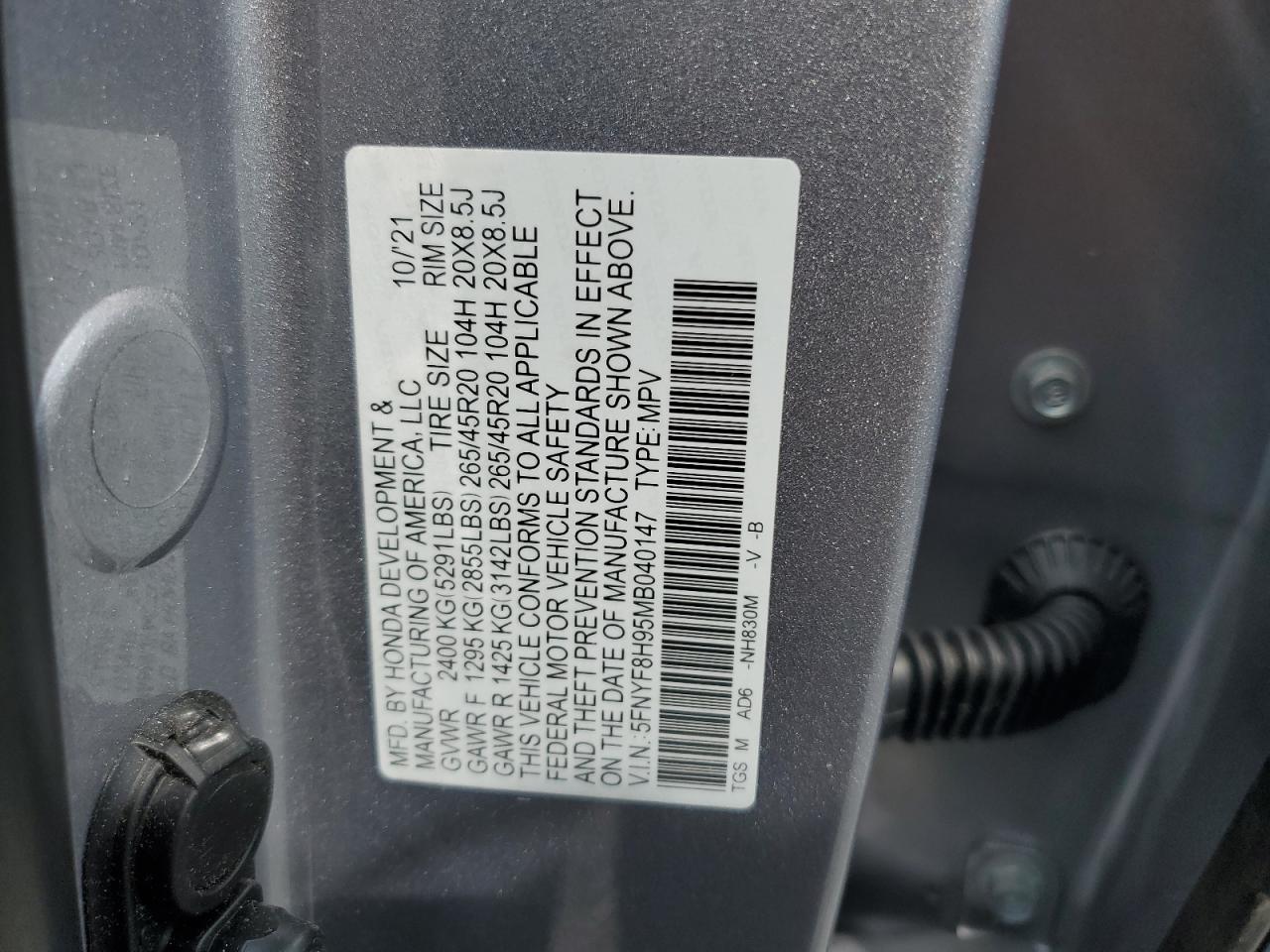 2021 Honda Passport Touring VIN: 5FNYF8H95MB040147 Lot: 59796975