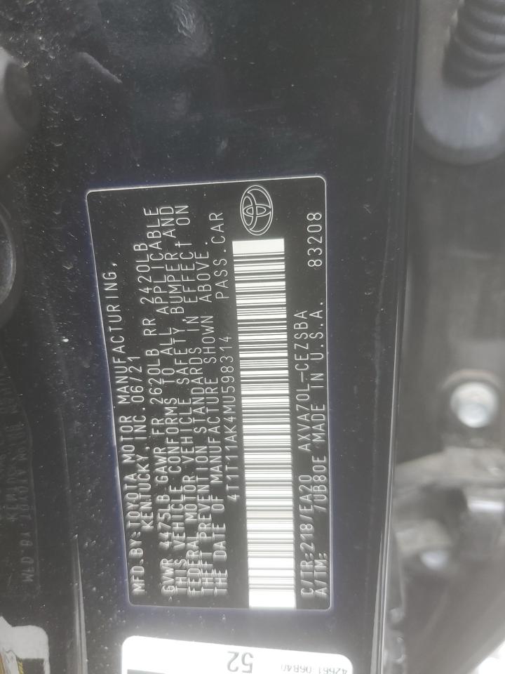 2021 Toyota Camry Se VIN: 4T1T11AK4MU598314 Lot: 61639375