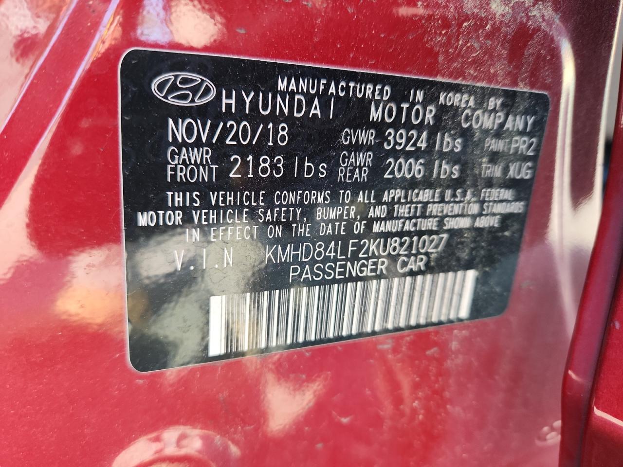 2019 Hyundai Elantra Sel VIN: KMHD84LF2KU821027 Lot: 61577865