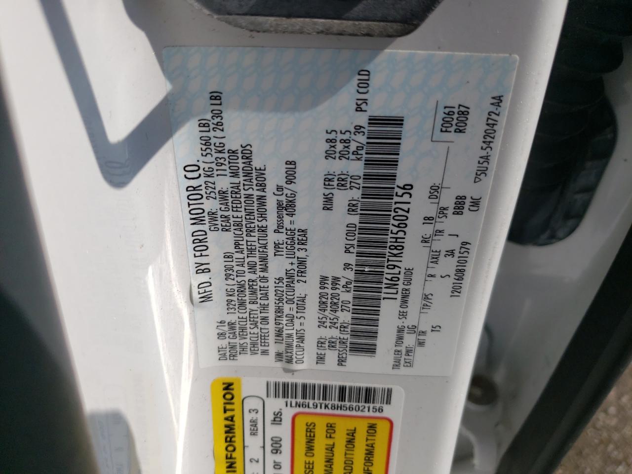 2017 Lincoln Continental Select VIN: 1LN6L9TK8H5602156 Lot: 61907695