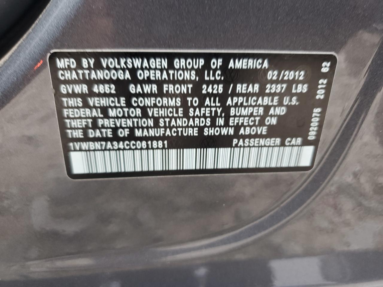 2012 Volkswagen Passat Se VIN: 1VWBN7A34CC061881 Lot: 62355545