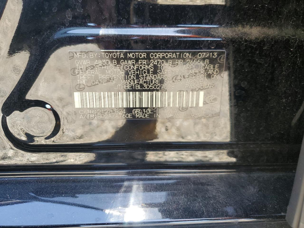 2013 Lexus Gs 350 VIN: JTHBE1BL3D5027028 Lot: 61150375