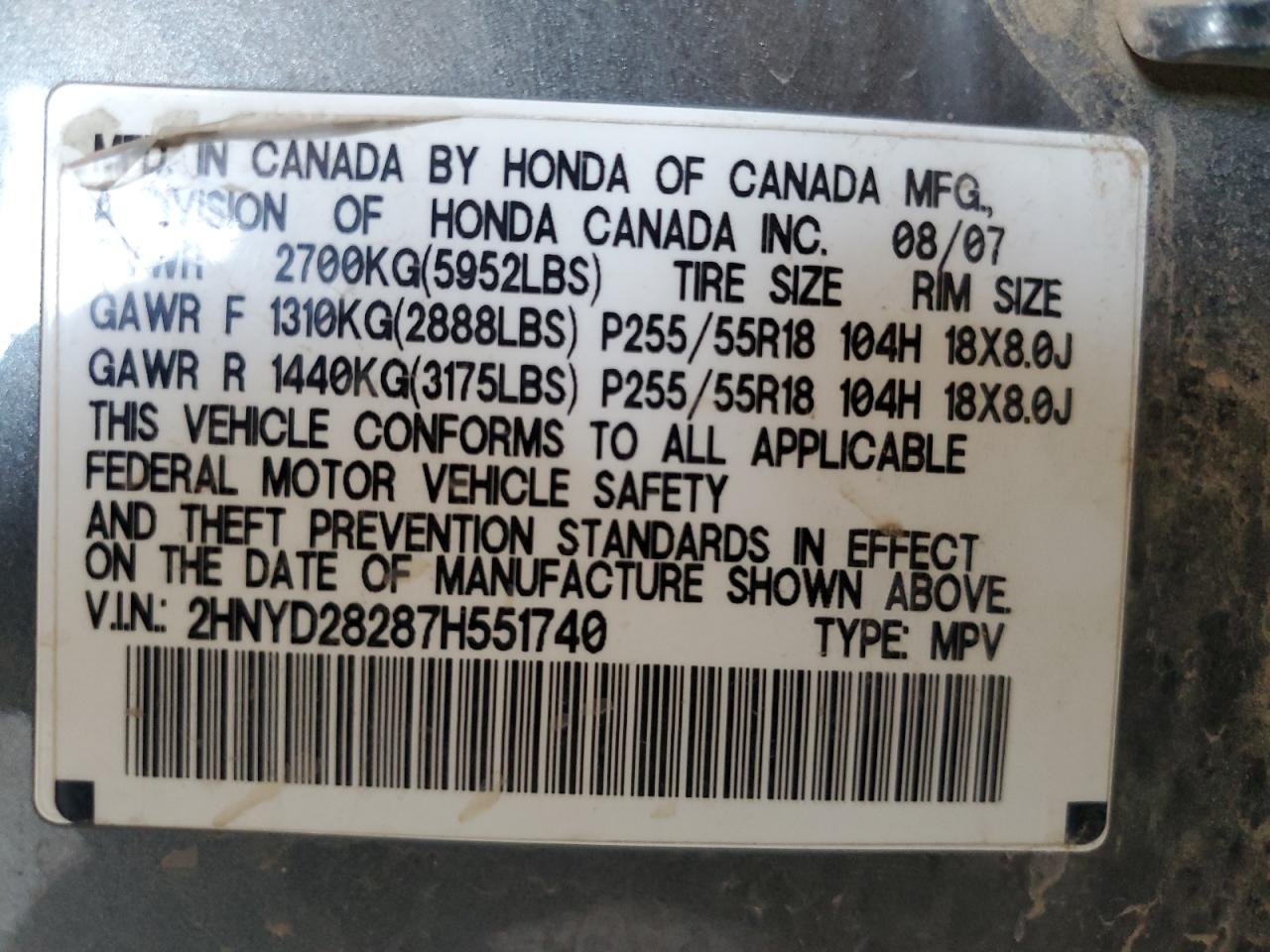 2007 Acura Mdx VIN: 2HNYD28287H551740 Lot: 62059135