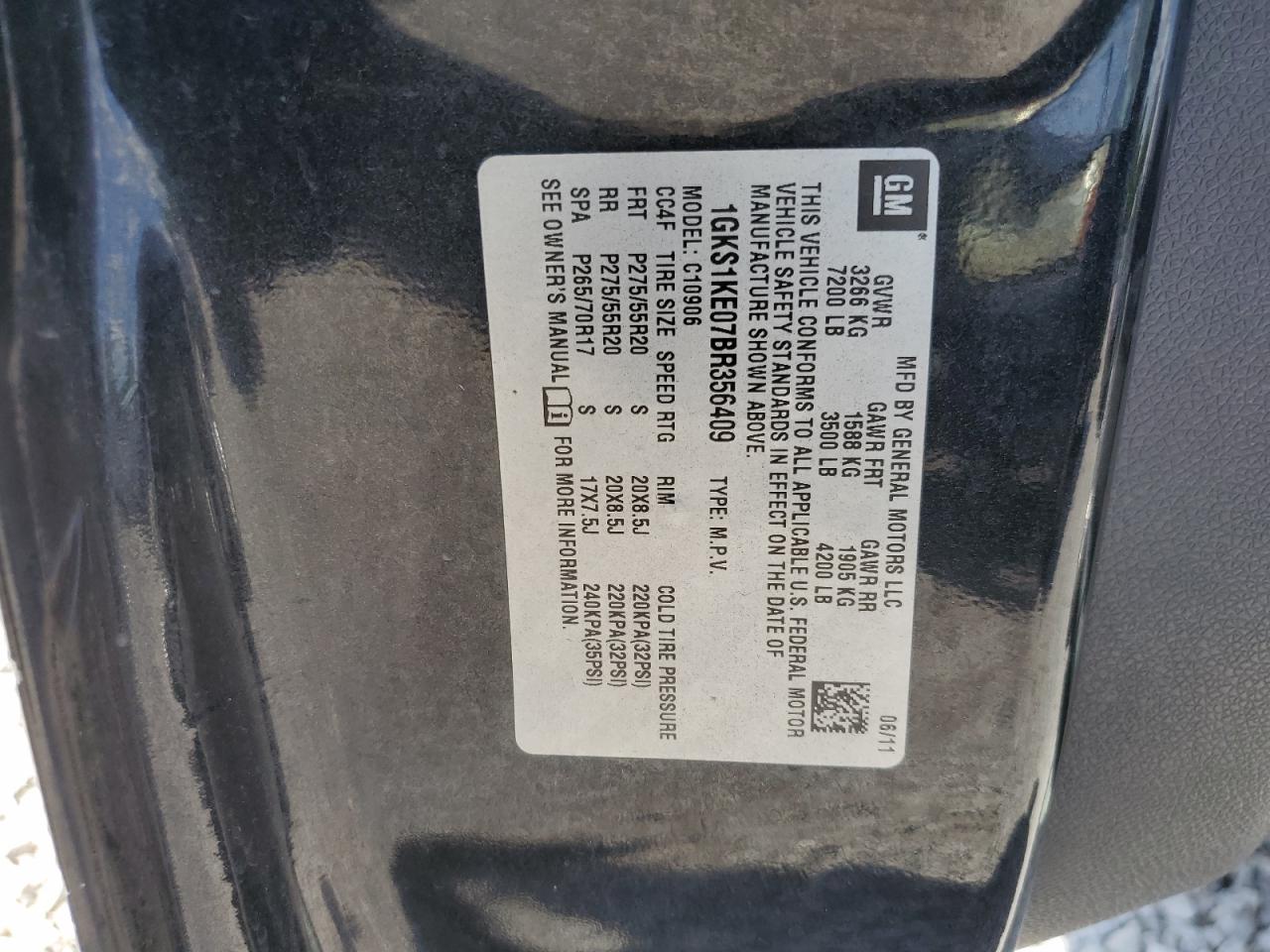 2011 GMC Yukon Xl C1500 Slt VIN: 1GKS1KE07BR356409 Lot: 90646125