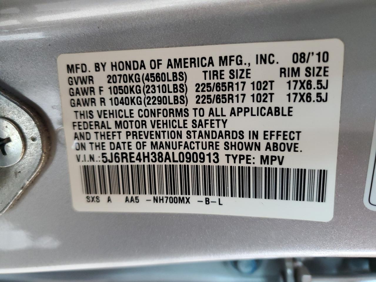2010 Honda Cr-V Lx VIN: 5J6RE4H38AL090913 Lot: 62758255