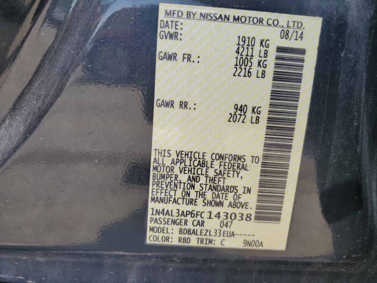 2021 Nissan Altima 2.5 VIN: 1N4AL3AP6FC143038 Lot: 62006015