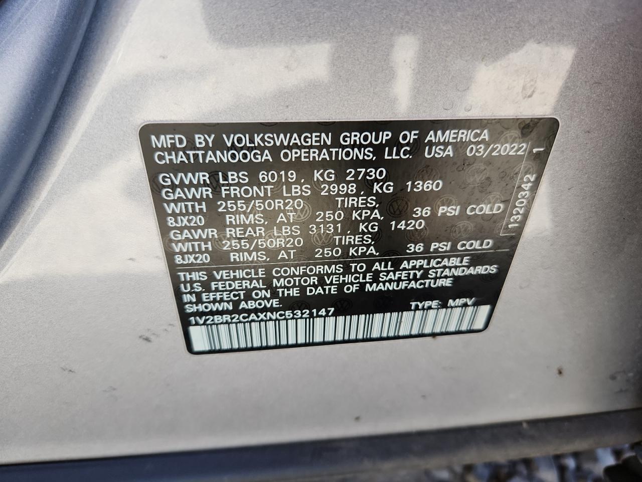 2022 Volkswagen Atlas Sel VIN: 1V2BR2CAXNC532147 Lot: 61866765