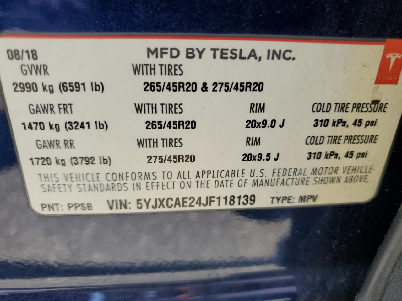 2018 Tesla Model X VIN: 5YJXCAE24JF118139 Lot: 59904625
