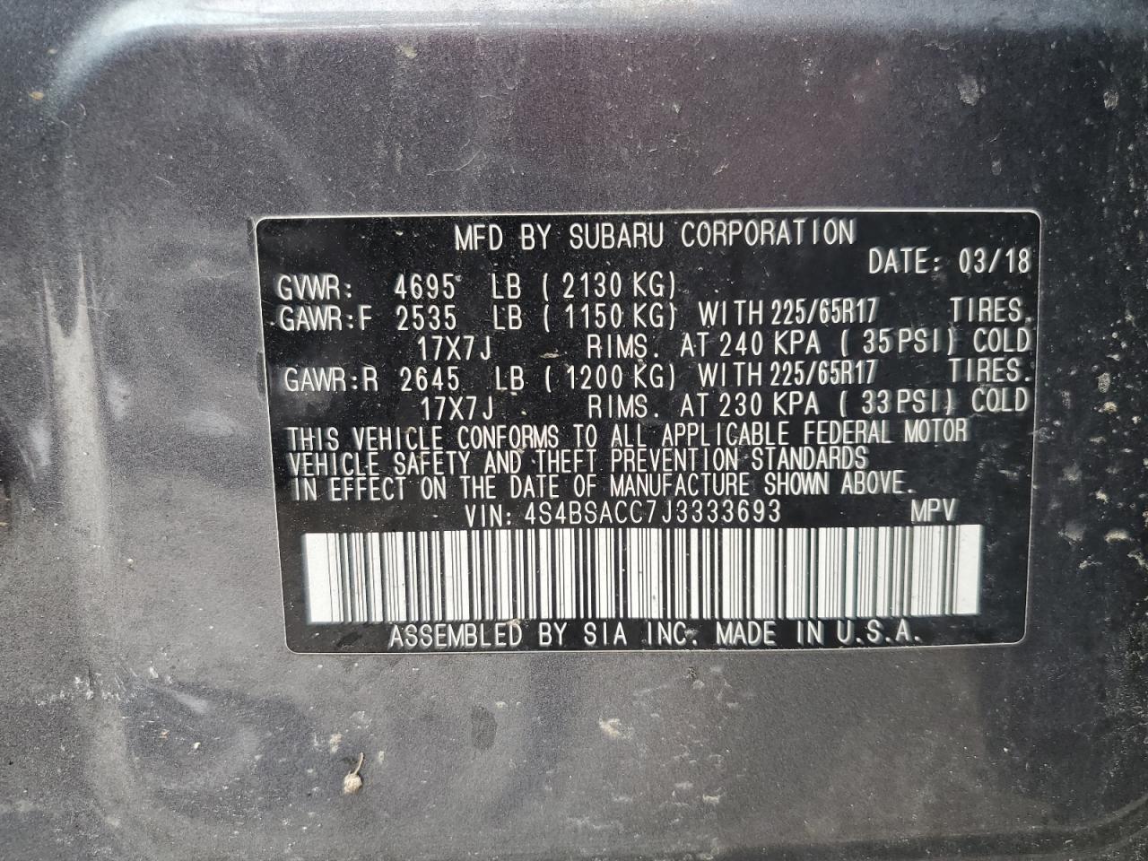 2018 Subaru Outback 2.5I Premium VIN: 4S4BSACC7J3333693 Lot: 62007495