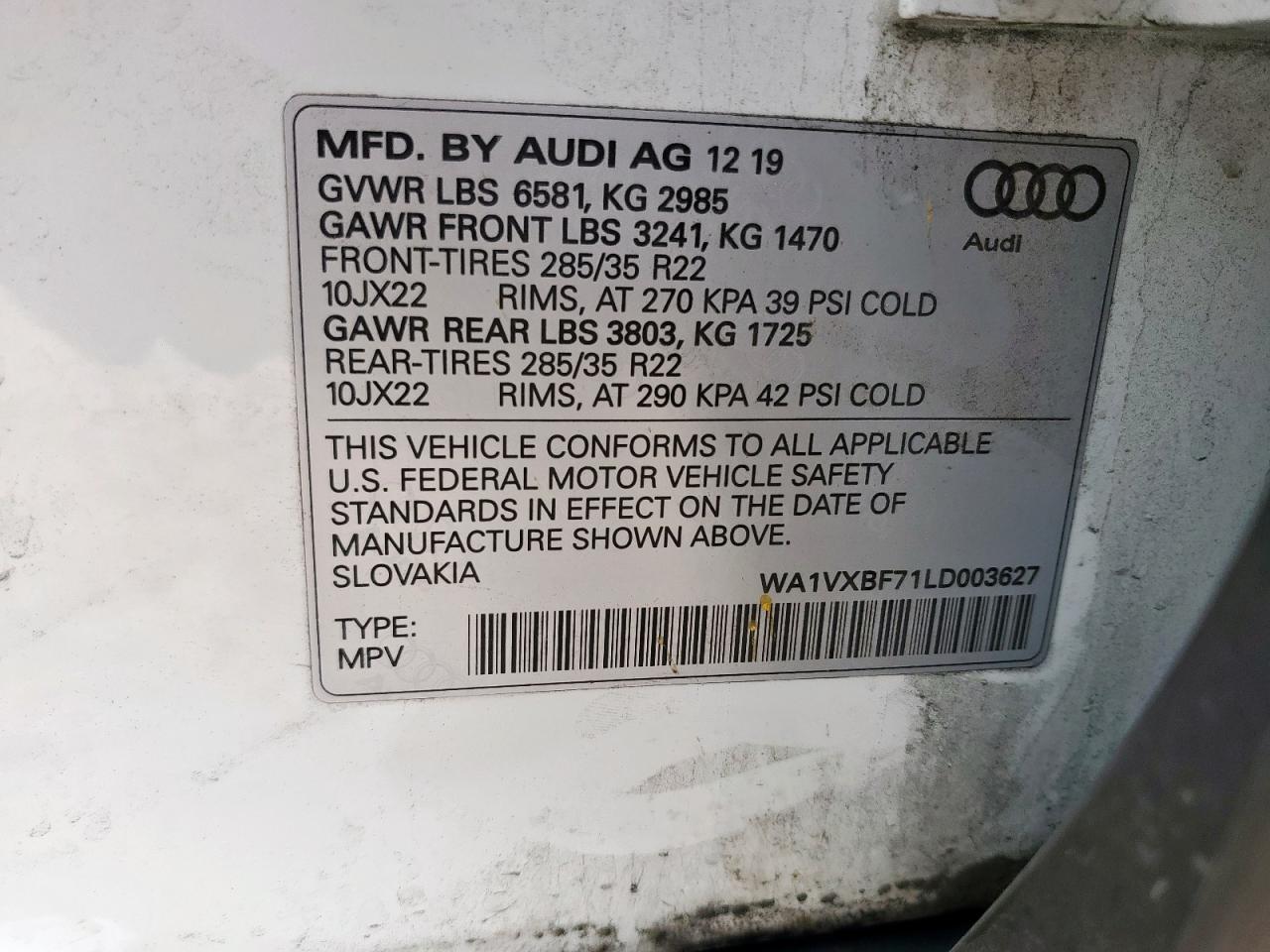 2020 Audi Q7 Prestige VIN: WA1VXBF71LD003627 Lot: 59946835