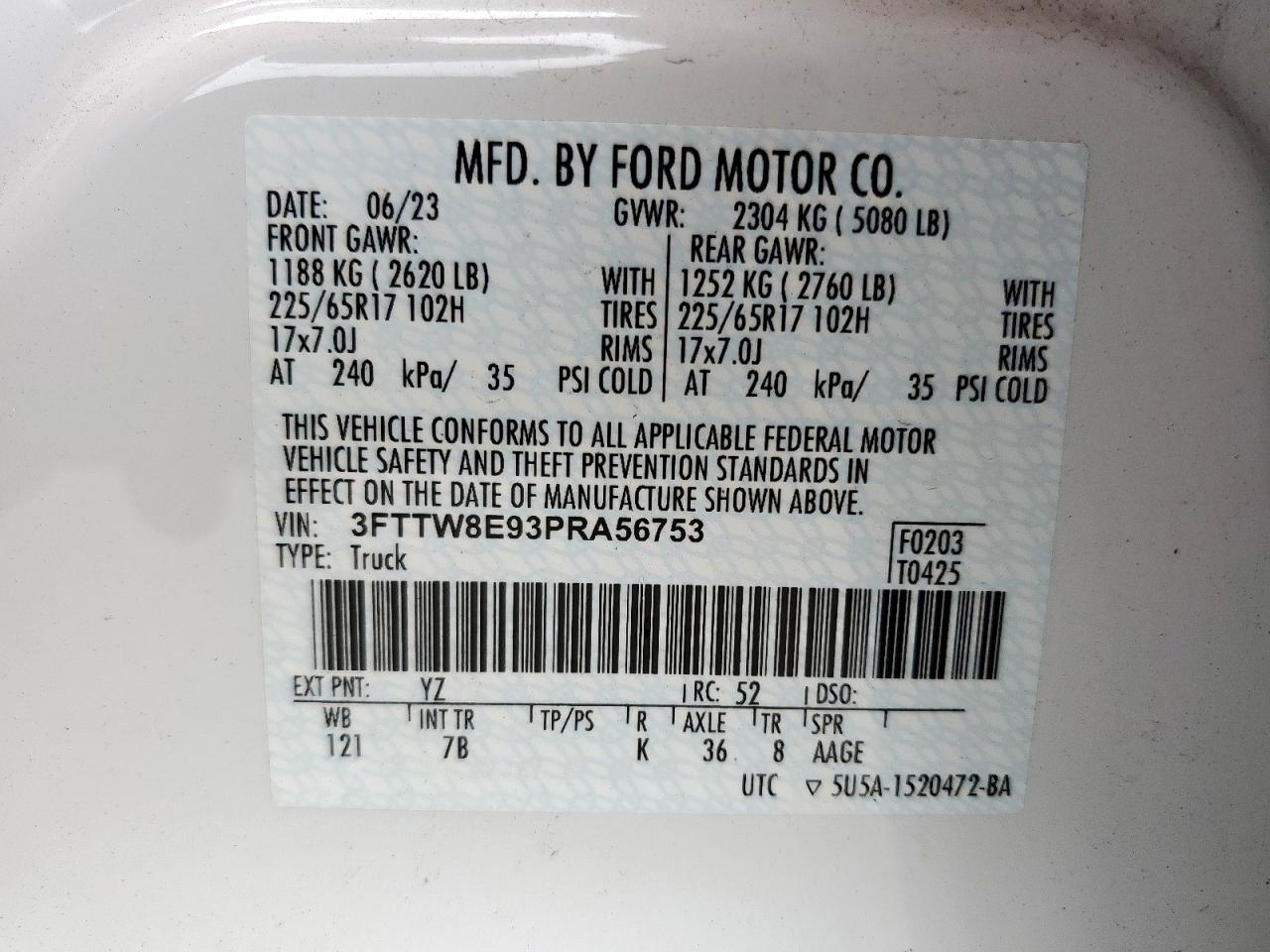 2023 Ford Maverick Xl VIN: 3FTTW8E93PRA56753 Lot: 60121525