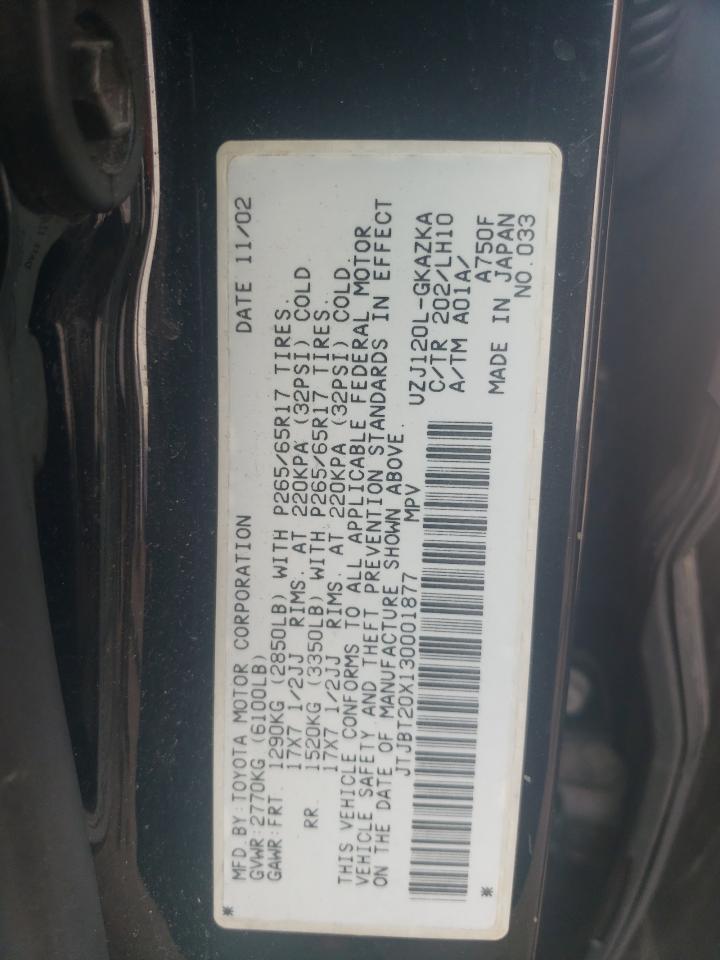 2003 Lexus Gx 470 VIN: JTJBT20X130001877 Lot: 61151205