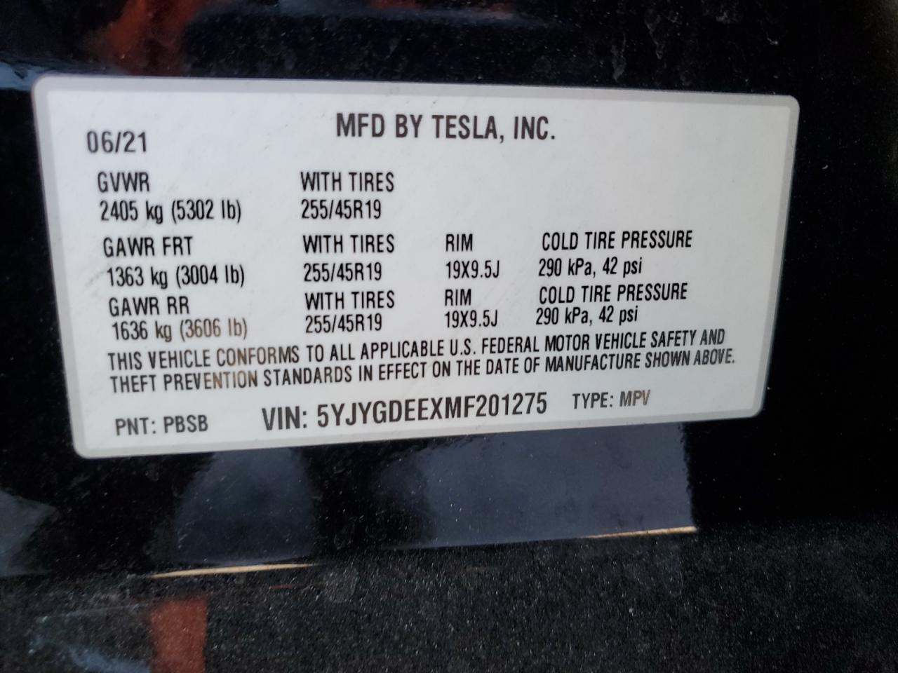 2021 Tesla Model Y VIN: 5YJYGDEEXMF201275 Lot: 62943285