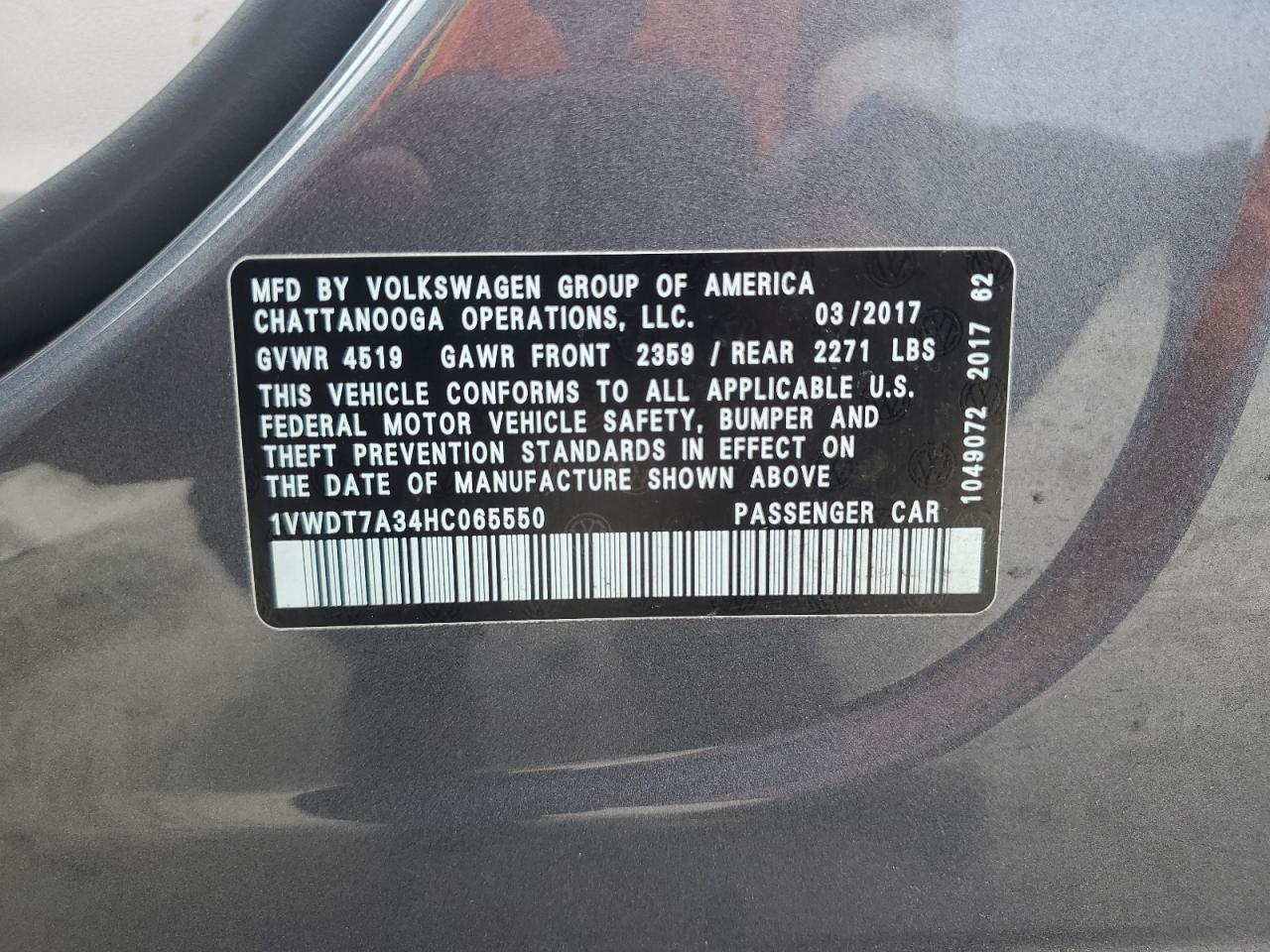 2017 Volkswagen Passat R-Line VIN: 1VWDT7A34HC065550 Lot: 61301475