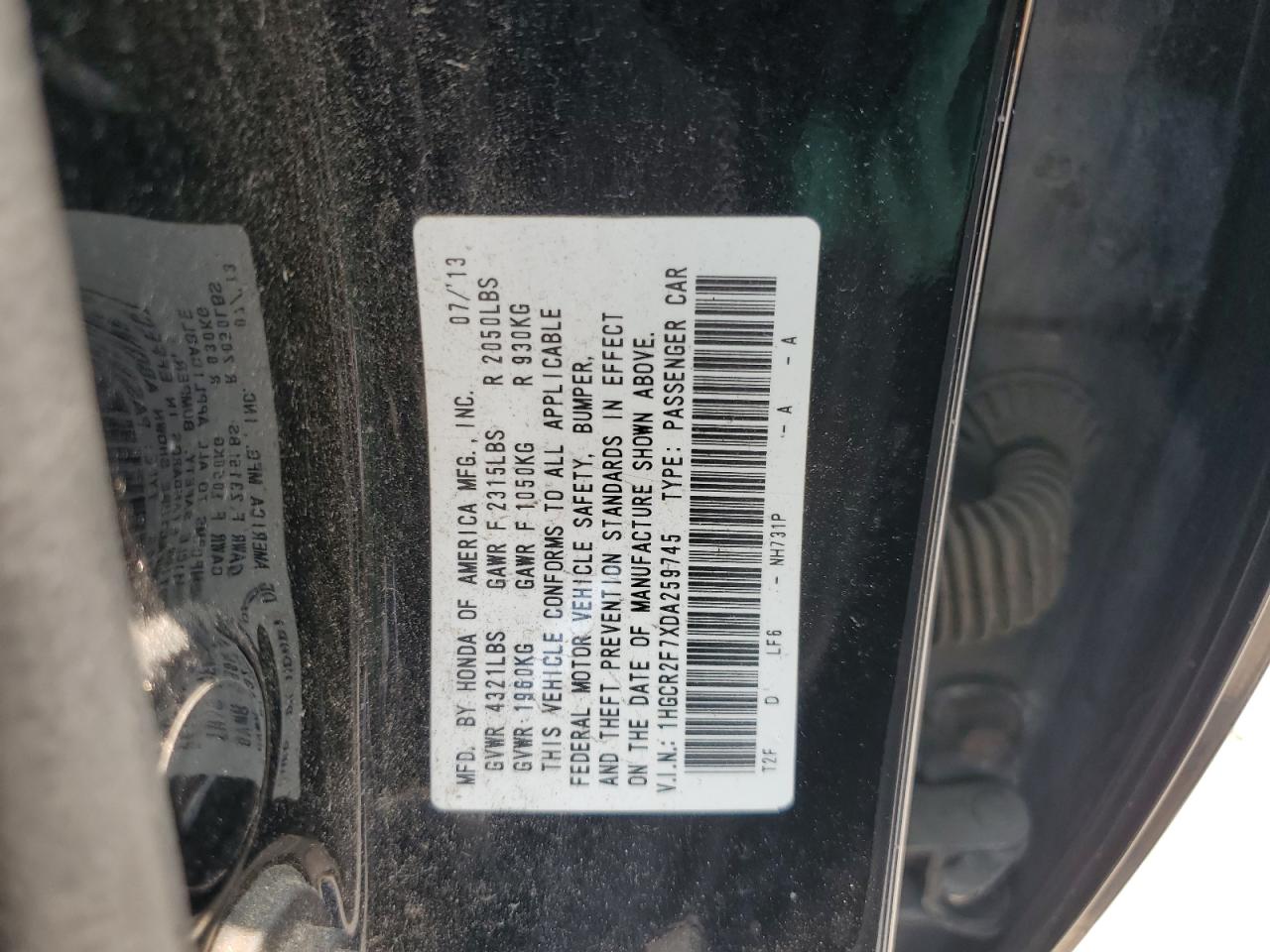 2013 Honda Accord Ex VIN: 1HGCR2F7XDA259745 Lot: 60664855