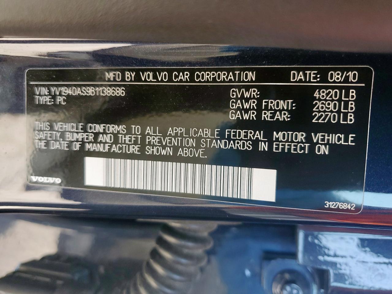 2011 Volvo S80 3.2 VIN: YV1940AS9B1138686 Lot: 58979605