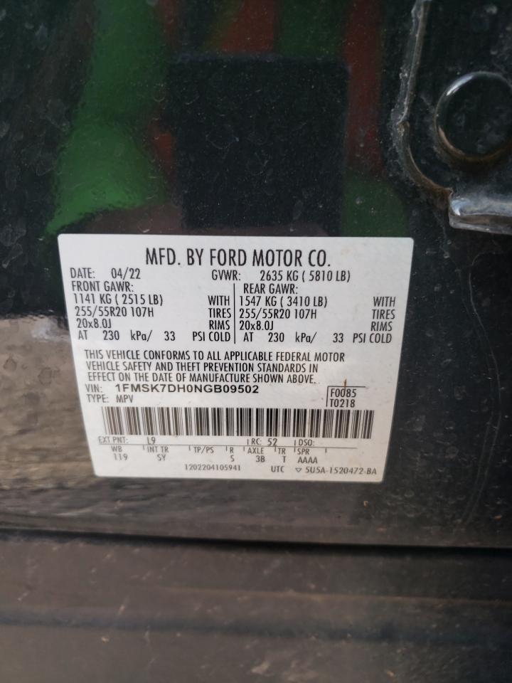 2022 Ford Explorer Xlt VIN: 1FMSK7DH0NGB09502 Lot: 62534005