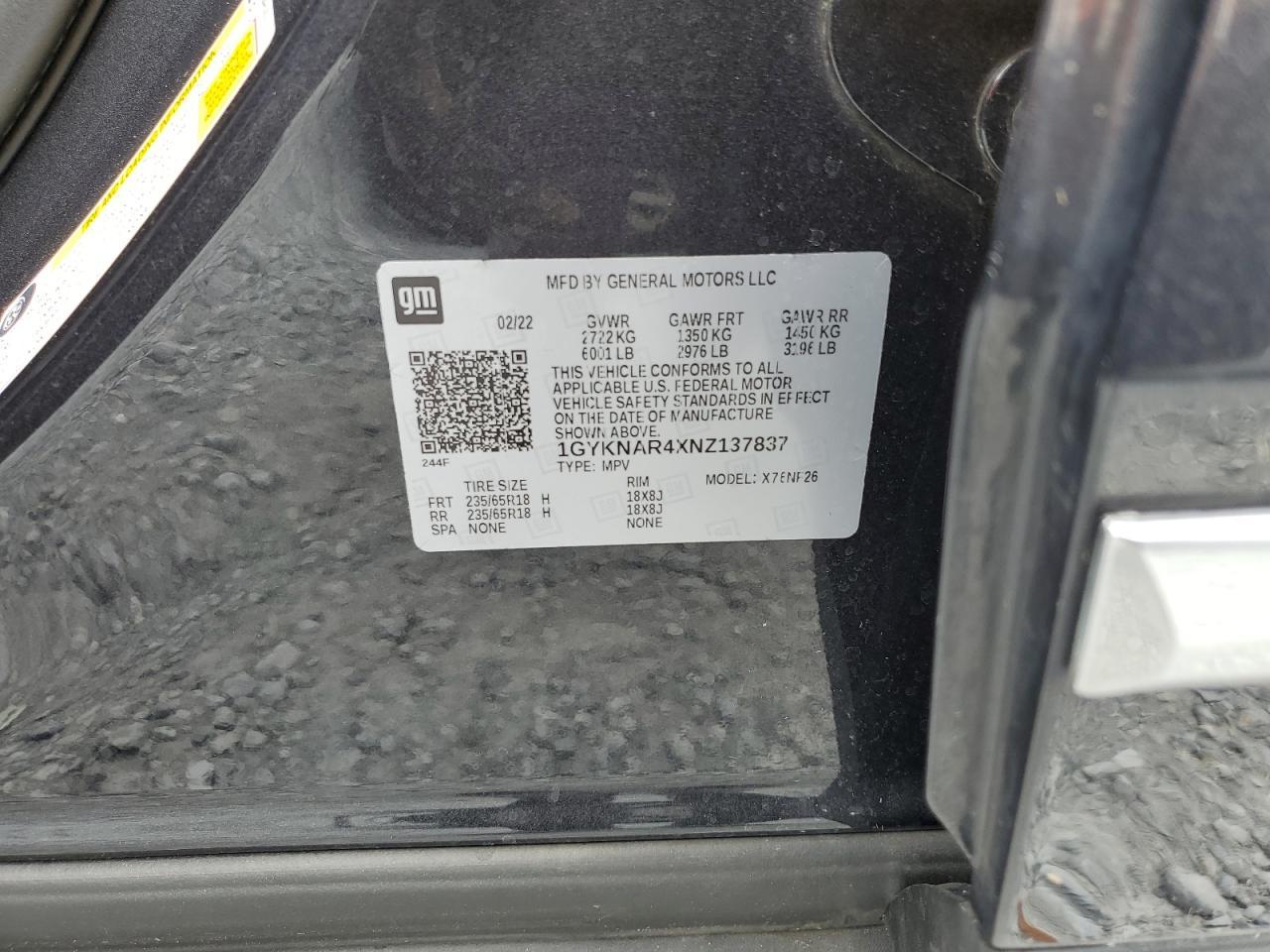 2022 Cadillac Xt5 Luxury VIN: 1GYKNAR4XNZ137837 Lot: 63096025