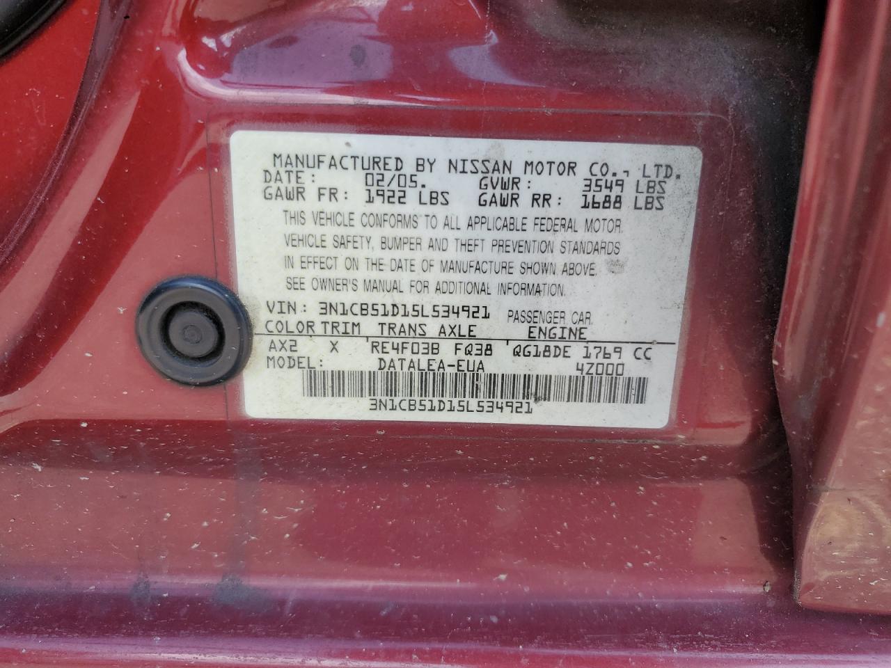 2005 Nissan Sentra 1.8 VIN: 3N1CB51D15L534921 Lot: 61494095