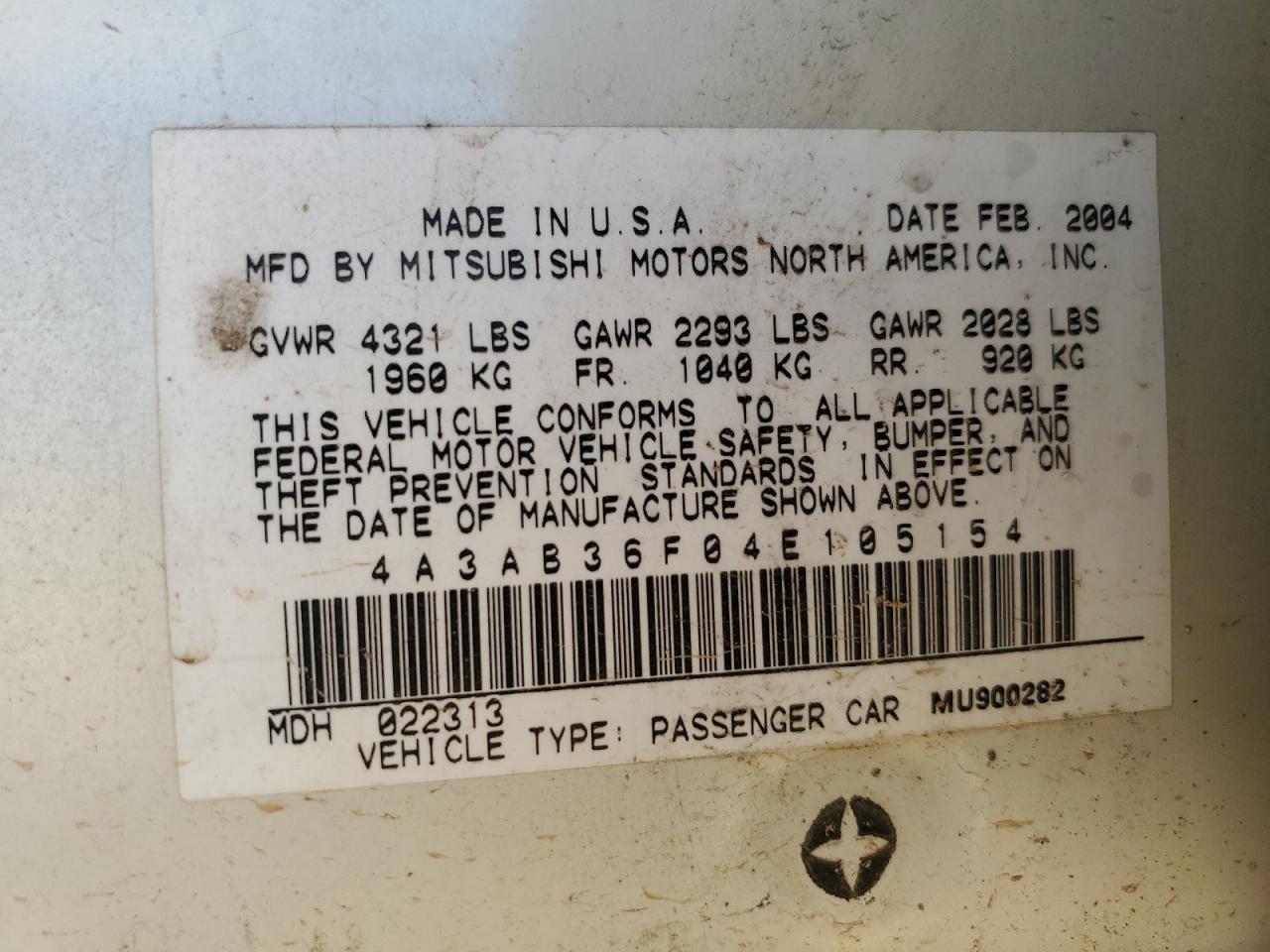 2003 Mitsubishi Galant Es Medium VIN: 4A3AB36F04E105154 Lot: 61802505