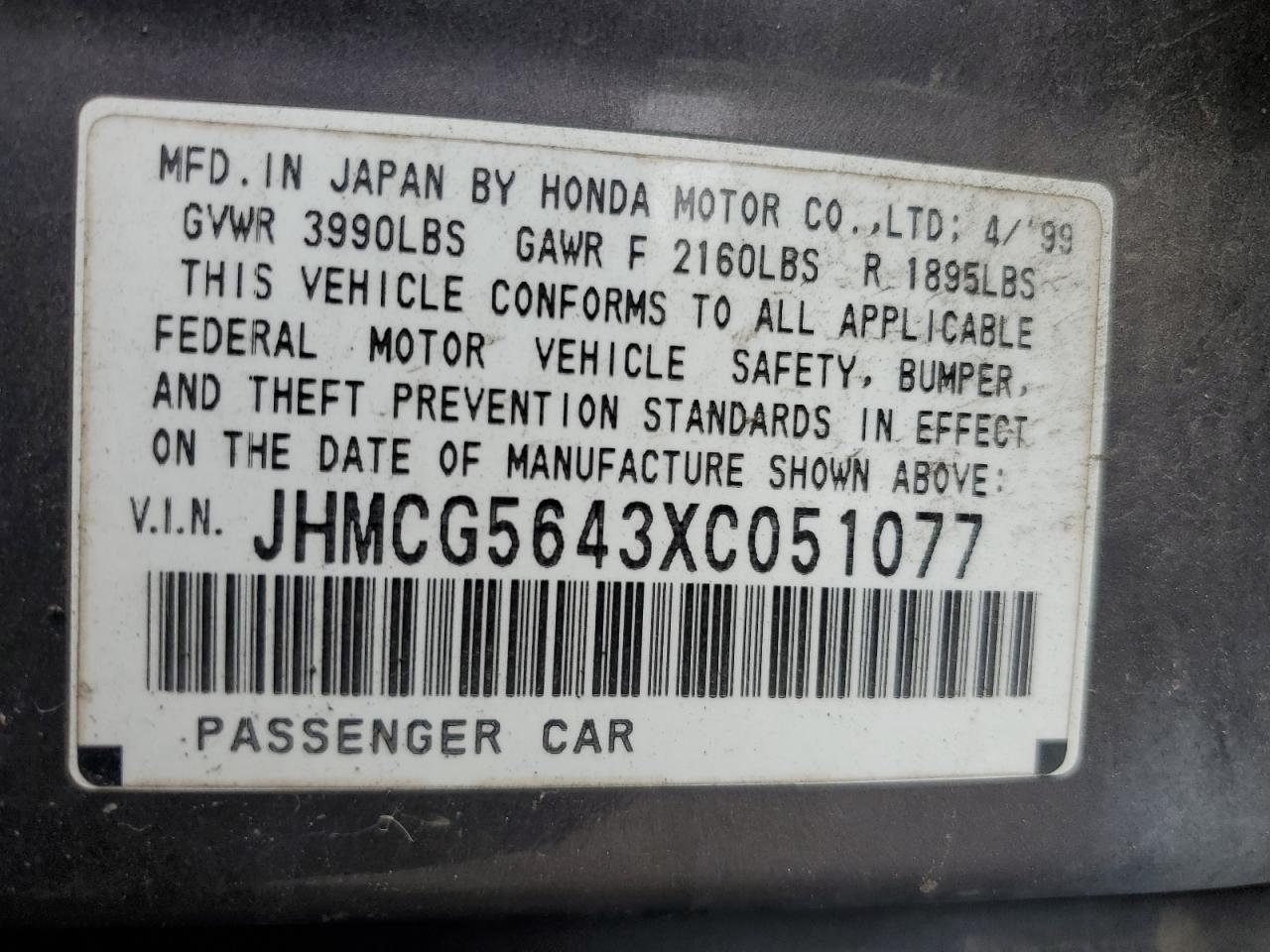 1999 Honda Accord Lx VIN: JHMCG5643XC051077 Lot: 62886635