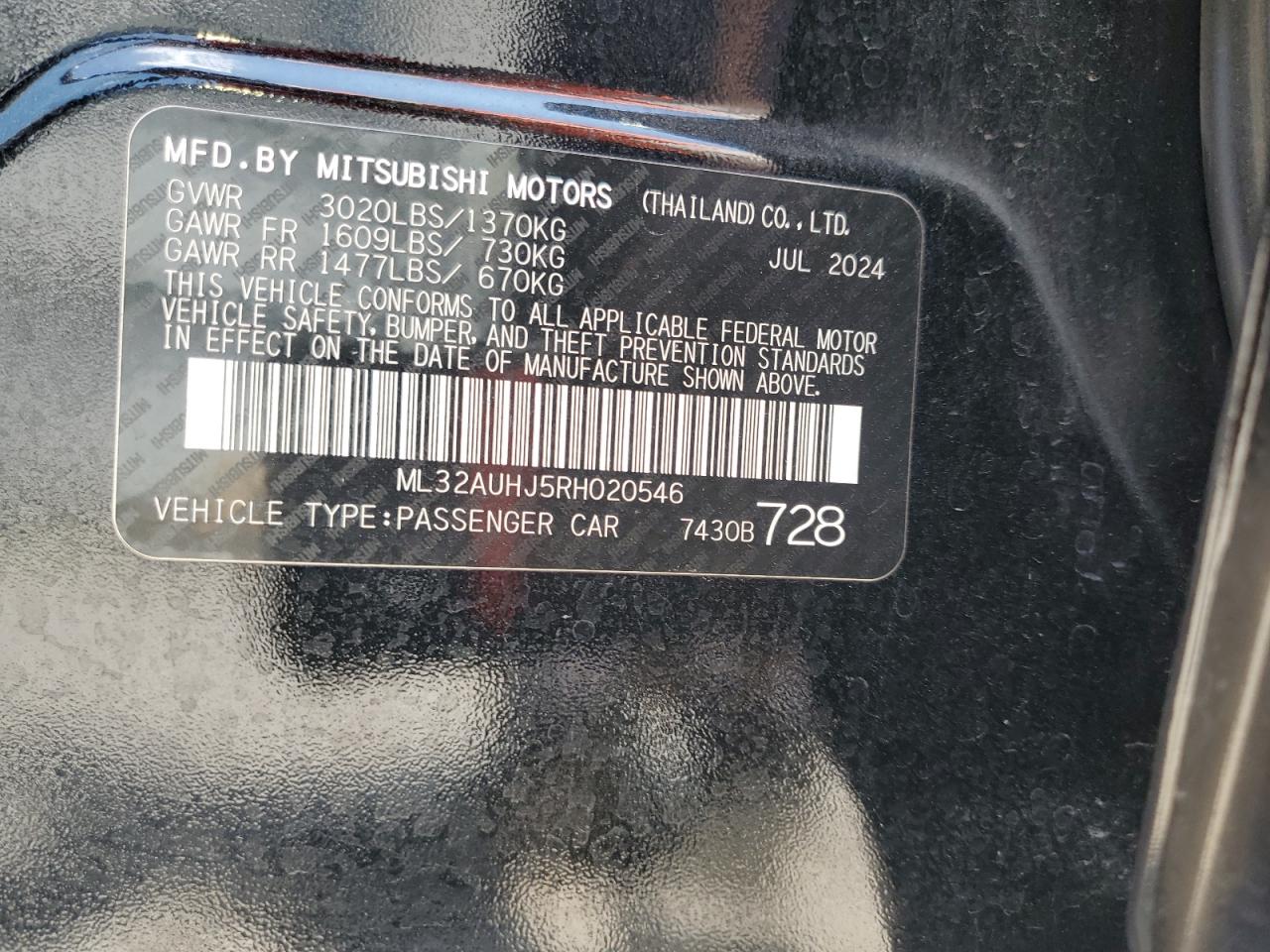 2024 Mitsubishi Mirage Es VIN: ML32AUHJ5RH020546 Lot: 62284235