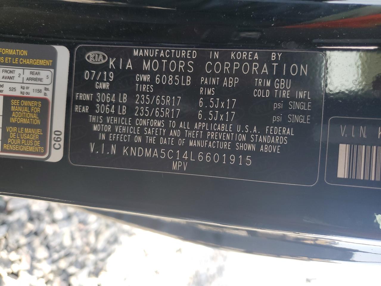 2020 Kia Sedona L VIN: KNDMA5C14L6601915 Lot: 60995905