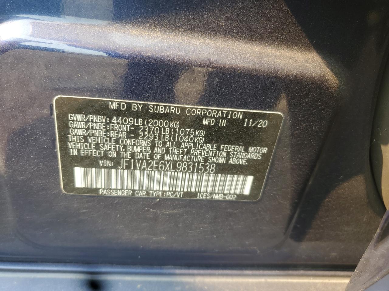 2020 Subaru Wrx Sti VIN: JF1VA2E6XL9831538 Lot: 59115015