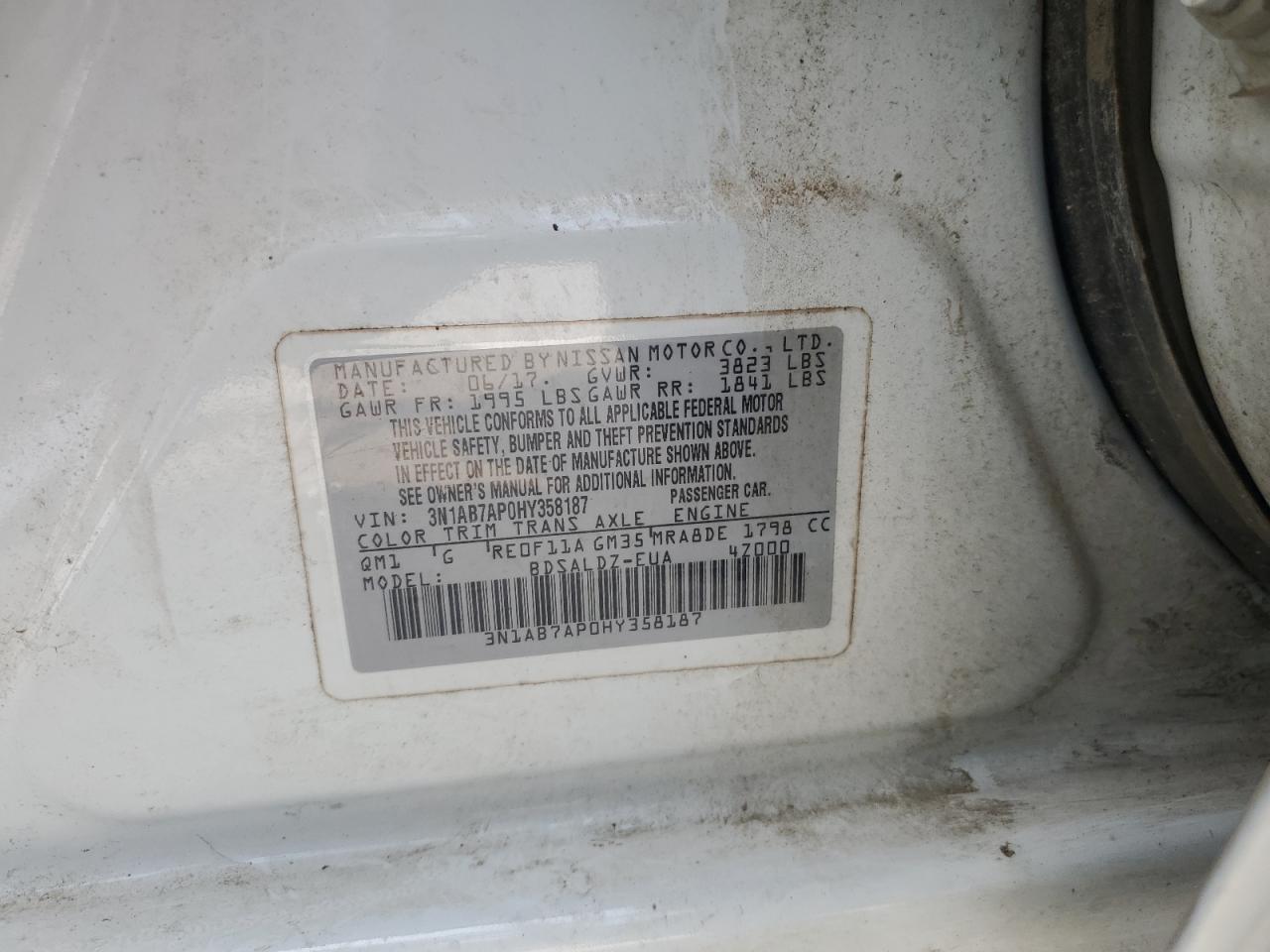 2017 Nissan Sentra S VIN: 3N1AB7AP0HY358187 Lot: 59240315