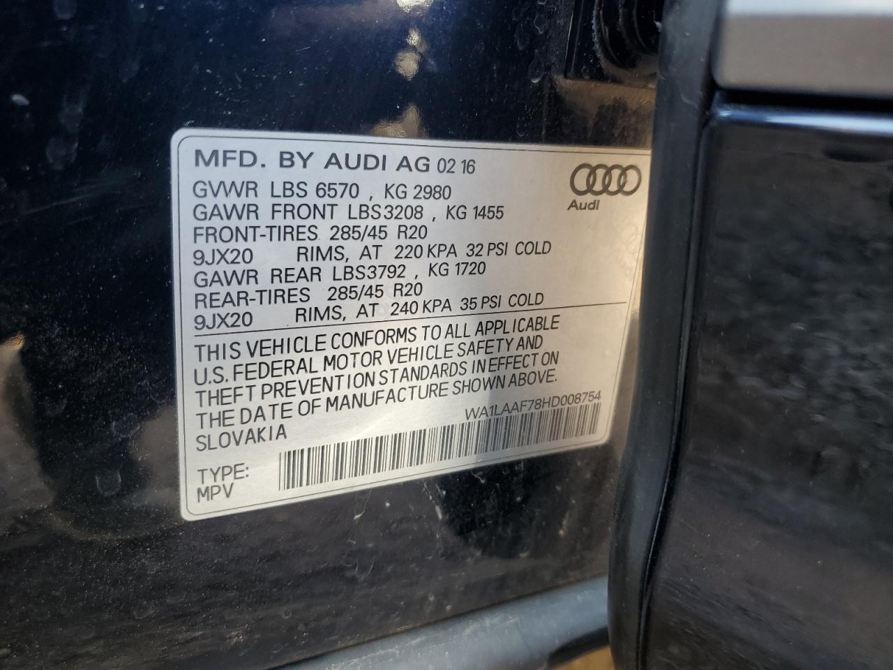 2017 Audi Q7 Premium Plus VIN: WA1LAAF78HD008754 Lot: 60796555