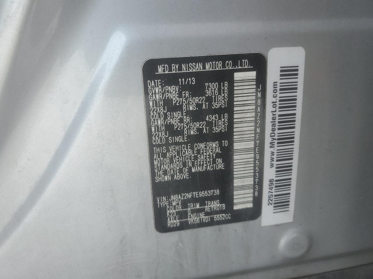 2014 Infiniti Qx80 VIN: JN8AZ2NF7E9553738 Lot: 62172325