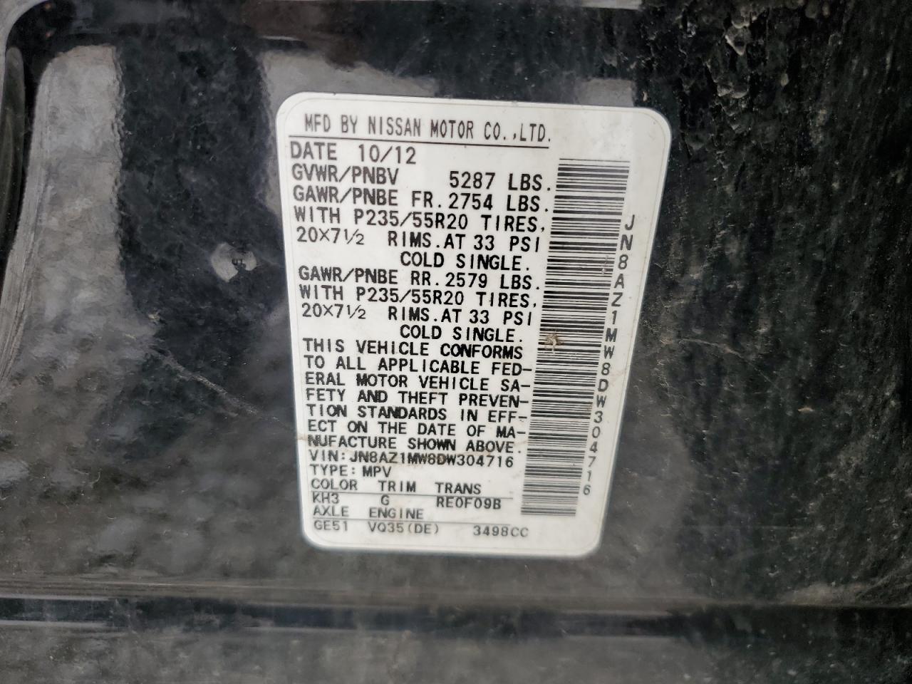 2013 Nissan Murano S VIN: JN8AZ1MW8DW304716 Lot: 59986165