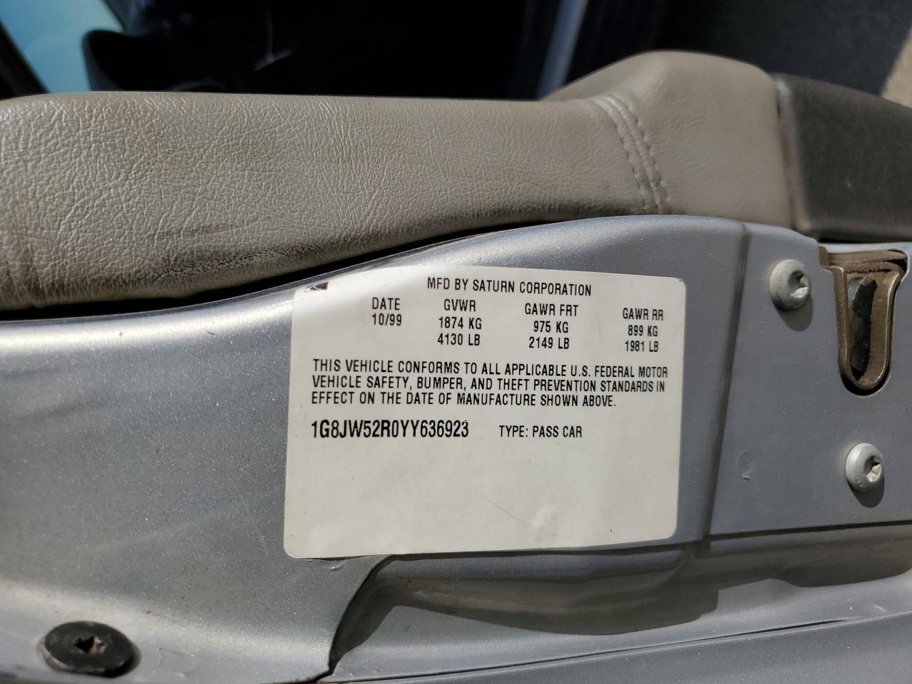 2000 Saturn Ls2 VIN: 1G8JW52R0YY636923 Lot: 62186235