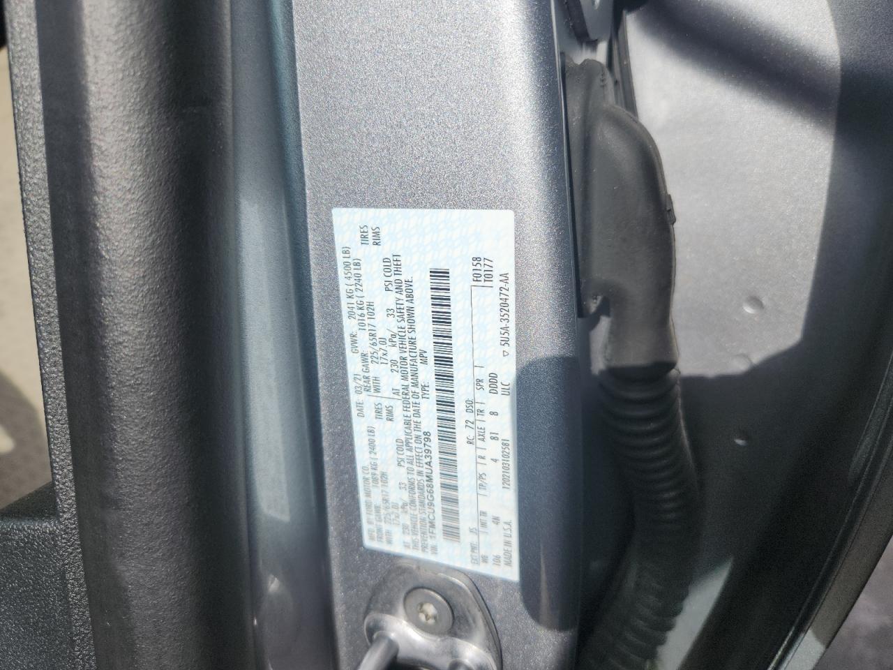 2021 Ford Escape Se VIN: 1FMCU9G68MUA39798 Lot: 62391565