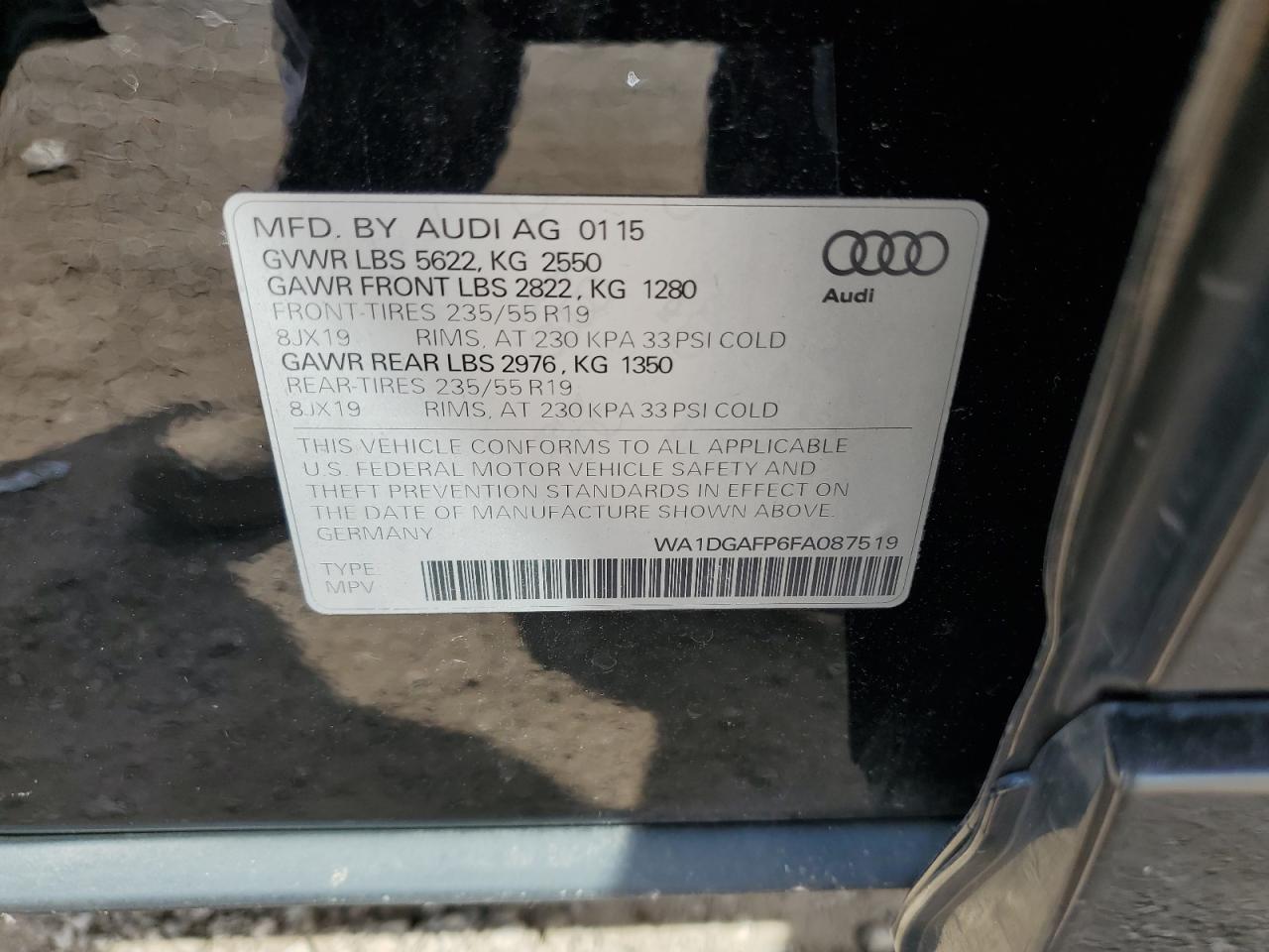 2015 Audi Q5 Premium Plus VIN: WA1DGAFP6FA087519 Lot: 62782455