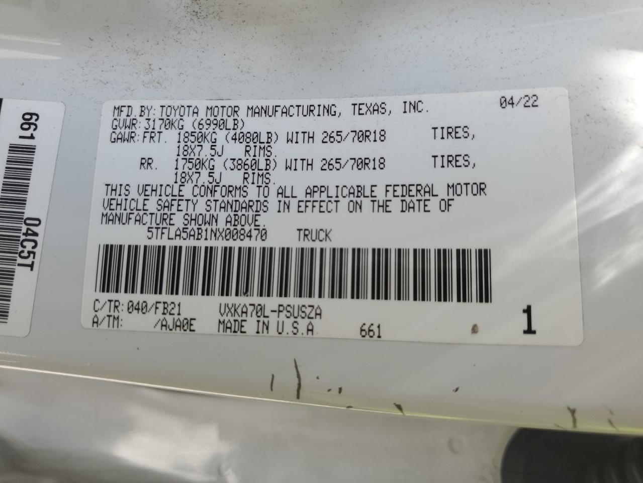 2022 Toyota Tundra Crewmax Sr VIN: 5TFLA5AB1NX008470 Lot: 61140025