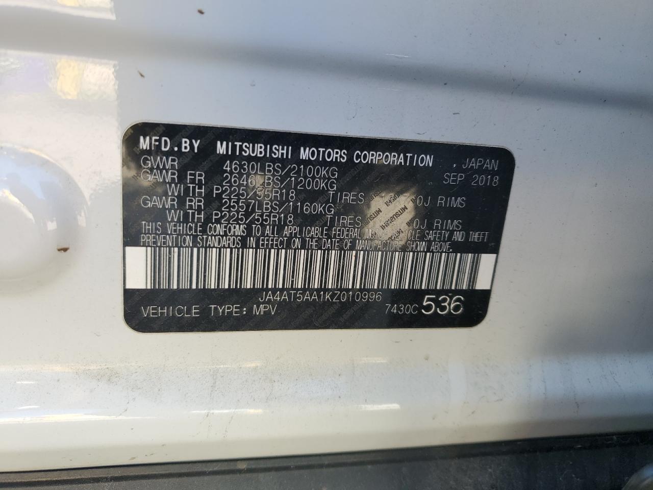 2019 Mitsubishi Eclipse Cross Se VIN: JA4AT5AA1KZ010996 Lot: 62654695