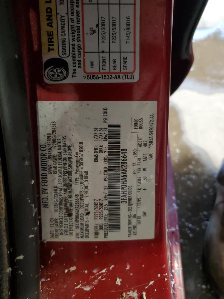 2010 Ford Fusion Se VIN: 3FAHP0HA6AR286648 Lot: 61362275