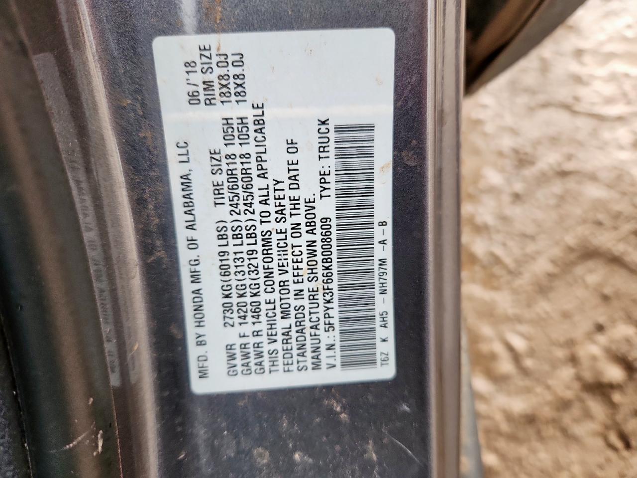 2019 Honda Ridgeline Rtl VIN: 5FPYK3F66KB008609 Lot: 62281695